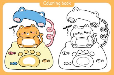 Boyama putları. Şirin kedi klasik retro telefon masasında kalıyor. Miyav. Çocuk grafiği. Balık ve pençe çizimi. Hayvan karakteri çizgi filmi..