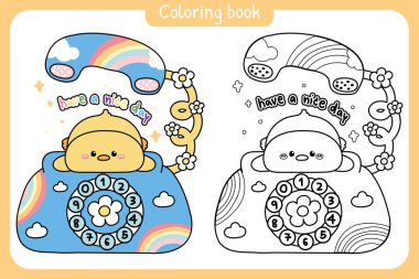 Boyama putları. Şirin tavuk klasik retro telefon masasında kalıyor. Çocuk grafiği. Gökkuşağı, bulut, çiçek eli. Çiftlik kuşu hayvan karakteri çizgi filmi..