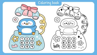 Boyama putları. Şirin penguenler klasik retro telefon masasında kalırlar. Büyük yay, yıldız, kalp, merhaba el yazısı çizimi. Kutup kuşu hayvan karakteri karikatürü..