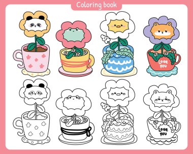 Boyama putları. Çeşitli çiçek saksılarındaki sevimli hayvanların listesi. Doğa ve çiçek. Panda, kurbağa, tavuk, shiba inu köpek eli..