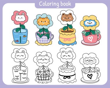 Boyama putları. Çeşitli çiçek saksılarındaki sevimli hayvanların resimleri. Doğa ve çiçek. Tavşan, kedi, ayı, penguen eli. Çizim kitabı..