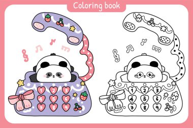 Boyama putları. Şirin oyuncak panda klasik retro telefon masasının üzerinde yatıyordu. Çocuk grafiği. Çilek, kiraz, yıldız, müzik notası, fiyonk el çizimi..