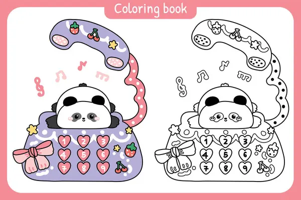 Boyama putları. Şirin oyuncak panda klasik retro telefon masasının üzerinde yatıyordu. Çocuk grafiği. Çilek, kiraz, yıldız, müzik notası, fiyonk el çizimi..