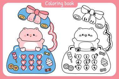 Boyama putları. Tatlı domuz klasik retro telefon masasında kalıyor. Çocuk grafiği. Yay, şeker, fırın, kek, kurabiye el çizimi..