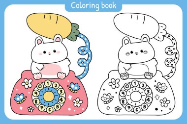 Boyama putları. Şirin tavşan klasik retro telefon masasında kalıyor. Çocuk grafiği. Havuç, çiçek, kelebek el çizimi. Kemirgen hayvan karakteri karikatürü..