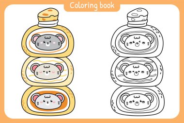 Boyama putları. Şirin fare peynirli pasta. Pasta. Tatlı ve tatlı. Kemirgen hayvan karakteri çizgi filmi..