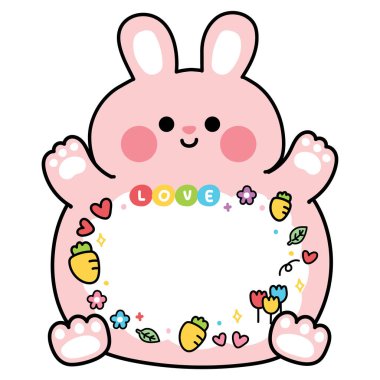 Şirin şişman tavşanın mesaj kutusu var. Havuç, yaprak, kalp, çiçek ikonu el resmi. Etiket, kağıt not, dekorasyon için resim. Hayvan karikatürü.