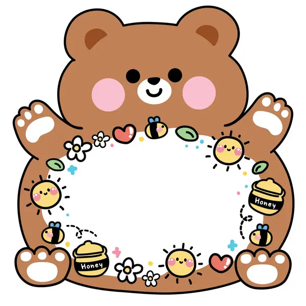 Şirin ayıcığın metin yazmak için mesaj kutusu var. un, bal, arı, yaprak, kalp, çiçek ikonu el çerçevesi. Etiket, kağıt not, dekorasyon için resim. Hayvan karikatürü. Kawaii.Vector