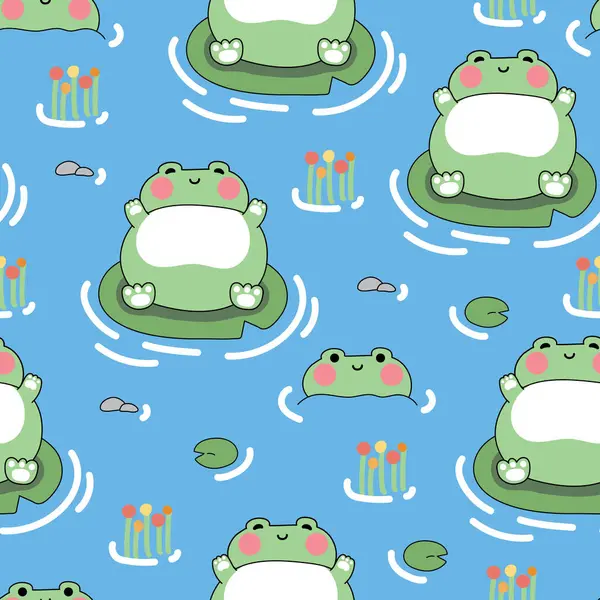 Nilüfer yaprağına serilmiş, ormandaki çiçekli, kusursuz, şişman kurbağa deseni. Orman. Doğa. Sürüngen hayvan karikatürü..