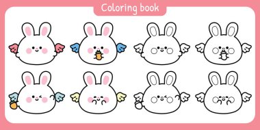 Boyama putları. Şirin yuvarlak tavşanların havuç gökyüzü kanatları vardır. Doğu. Angle. kemirgen hayvan karakteri karikatürü.