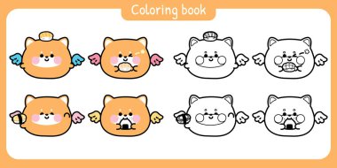 Boyama putları. Şirin yuvarlak Shiba inu köpeği suşiyle kanat çırpar Japon yemeğidir. AngleJapanese hayvan karakteri çizgi filmi. Resim kitabı.