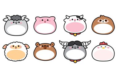 2 numara. Yuvarlak şekilli şirin hayvanların göbeğinde boş yer var. Mesajınız için mesaj kutusu. Keçi, domuz, inek, koyun, tavuk, bufalo..