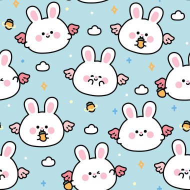 Sevimli yuvarlak tavşanların kusursuz şekilleri havuç gökyüzü ve bulut arkaplanlarıyla uçar. Doğu.Angle. Kemirgen hayvan karakteri karikatürü. Kawai.