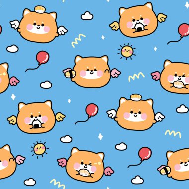 Şirin yuvarlak şekilli Shiba inu köpeğinin uçuşu, balonda suşi, gökyüzünde bulutlar. AngleJapanese hayvan karakteri çizgi filmi. Kawaii.Vector. Görüntü: