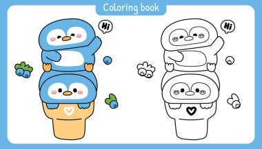 Boyama putları. Tatlı penguen dondurması. Tatlı ve tatlı. Kuş karakteri çizgi filmi. Kutup, kutup, kutup, kuzey kutbu..