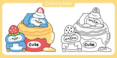 Boyama putları. Şirin penguenler kekin üzerinde çilekli kalır. Tatlı ve tatlı. Kuş hayvan karakteri çizimi. Boya kitabı..