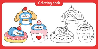 Pastanedeki sevimli penguen resimleri. Çörek, kruvasan, çilekli süt, kiraz. Kuş hayvan karakteri katoonu. Resim kitabı. Kawai..