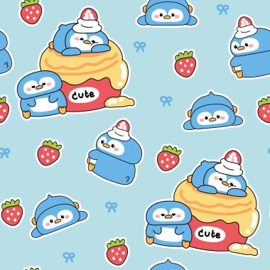 Tatlı penguenlerin kusursuz kalıpları kekin üzerinde çilek ve pastel arka planda kalır. Pasta. Tatlı ve tatlı. Kutup kuşu hayvan karakteri çizgi film tasarımları..