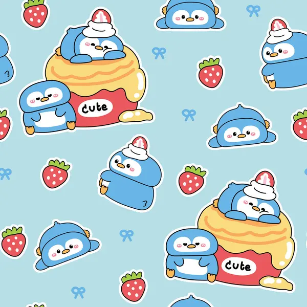 Tatlı penguenlerin kusursuz kalıpları kekin üzerinde çilek ve pastel arka planda kalır. Pasta. Tatlı ve tatlı. Kutup kuşu hayvan karakteri çizgi film tasarımları..