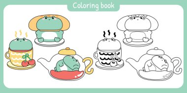 Papağanları boyamak, öğleden sonra çay partisinde kirazlı şirin kurbağa. Bir fincan çay meyvesi, esrar, kek. Sürüngen hayvan karakteri karikatürü. Resim kitabı. Kawaii.Vector..