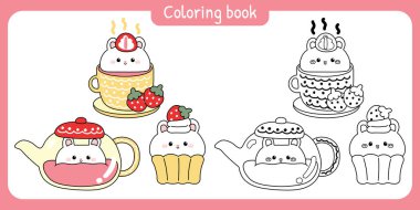 Boyama putperestliği, öğleden sonra çay partisiyle çilekli şirin tavşan tavşanı. Bir fincan çay meyvesi, ot, kek. İç ve iç. Kemirgen hayvan karakteri karikatürü..