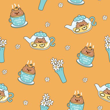 Çiçek arkaplanlı, öğleden sonra turuncu çay partisiyle kusursuz bir Capybara şablonu. Bir fincan çay meyvesi, demlik, vazo. İçki ve içecek. Kemirgen hayvan karakteri çizgi filmi. Kawai. İllüstrasyon..