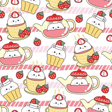 Çilekli şirin tavşan tavşanı, öğleden sonra çay partisi arka planında. Bir fincan çay meyvesi, ot, kek. İç ve iç. Kemirgen hayvan karakteri çizgi filmi. Kawaii.Vector.