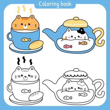 Boyama putları. Sütlü kedi yavrusu. Bir fincan süt, esrar, kahvaltı, balık. Hayvan karakteri çizgi filmi. Miyav. Resim kitabı..