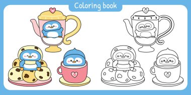 Penguen çay partisi. Bir fincan süt, tencere, kurabiye. Fırın ve içecek. Kutup kuşu karakteri karikatürü. Boya kitabı..