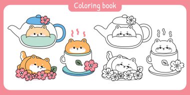 Boyama putları. Şirin shiba inu köpek çay partisi. Bir fincan yeşil çay, kibrit çay, sakura çiçeği, yaprak. Fırın ve içecek. Japon hayvan karakteri karikatür..