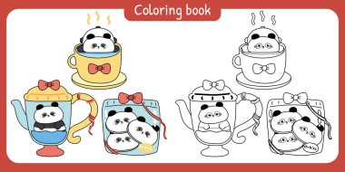 Boyama putları. Şirin ayıcık öğleden sonra çay partisi. Bir fincan çay, demlik, kurabiye, fırın ve içecek. Çin vahşi hayvan karakteri karikatürü..