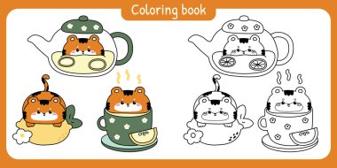 Boyama putları. Tatlı kaplan öğleden sonra çay partisi. Bir fincan limon çayı, demlik, çiçek, yaprak. İçecek ve içecek..