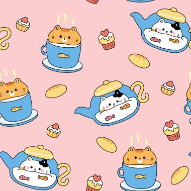 Ekmek ve süt arka planı olan kusursuz kedi yavrusu deseni. Bir fincan süt, esrar, kahvaltı, fırın ve içecek. Hayvan karakteri çizgi filmi. Miyav.Kawaii.Vector. İllüstrasyon.