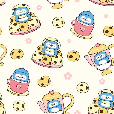 Çiçek arkaplanlı kusursuz bir penguen çay partisi. Bir fincan süt, demlik, fırın ve içecek. Kutup kuşu hayvan karakteri karikatürü. Kawai. İllüstrasyon..