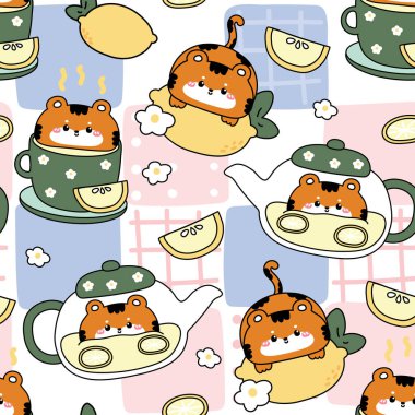 Tatlı kaplan çay partisinin kusursuz bir örneği. Bir fincan limon çayı, demlik, çiçek, yaprak. Meyve ve. Vahşi hayvan karakteri karikatürü..