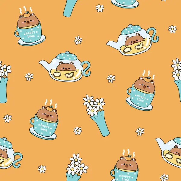 Çiçek arkaplanlı, öğleden sonra turuncu çay partisiyle kusursuz bir Capybara şablonu. Bir fincan çay meyvesi, demlik, vazo. İçki ve içecek. Kemirgen hayvan karakteri çizgi filmi. Kawai. İllüstrasyon..