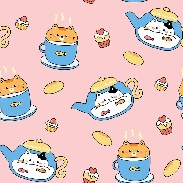 Ekmek ve süt arka planı olan kusursuz kedi yavrusu deseni. Bir fincan süt, esrar, kahvaltı, fırın ve içecek. Hayvan karakteri çizgi filmi. Miyav.Kawaii.Vector. İllüstrasyon.