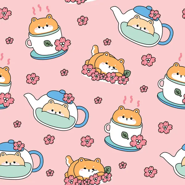 Şirin shiba inu köpek öğleden sonra çay partisi arka planında kusursuz bir desen. Bir fincan yeşil çay eşleşmesi, esrar, sakura çiçeği, yaprak. Fırın ve içecek. Japon hayvan karakteri çizgi film karakteri Kawaii.Vector. Görüntü:.