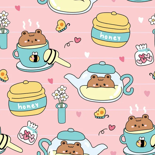 Tatlı ayıcığın kusursuz desenli çay partisi pikniği. Bir fincan çay, bal, bal, arı, çiçek, kelebek. İçki ve içecek. Vahşi hayvan karakteri karikatürü..