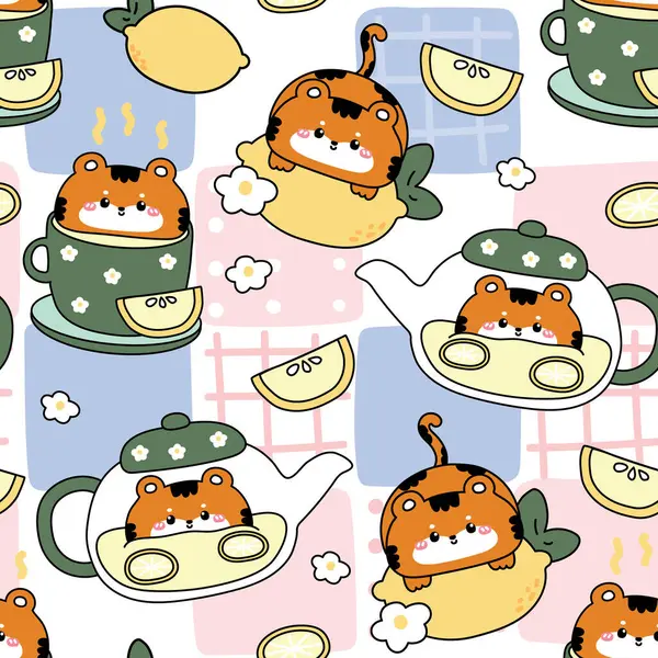 Tatlı kaplan çay partisinin kusursuz bir örneği. Bir fincan limon çayı, demlik, çiçek, yaprak. Meyve ve. Vahşi hayvan karakteri karikatürü..