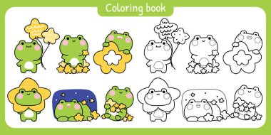 Boyama putları. Çeşitli pozlarda ve duygularda sevimli kurbağalar. Yıldız ve gece gökyüzü. Sürüngen hayvan karakteri çizimi.