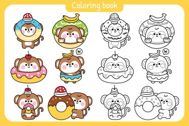 Çeşitli pozlarda ve duygularda sevimli maymun resimleri. Pastane ve tatlı. Donut, muz, çilek, kiraz. Vahşi hayvan karakteri çizimi. Resim kitabı. Kawaii.Vactor.