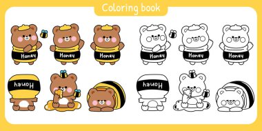 Boyama sayfaları. Çeşitli pozlarda ve duygularda sevimli ayıcıklar. Bal ve arı. Vahşi hayvan karakteri çizgi film tasarımı.
