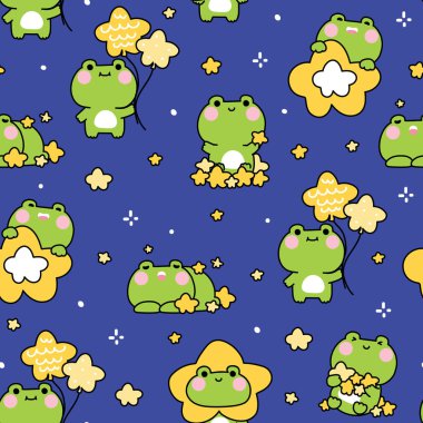 Çeşitli pozlarda ve arka planda kusursuz bir sevimli kurbağa deseni. Yıldız ve gece gökyüzü. Sürüngen hayvan karakteri çizimi. Kawai Vector.