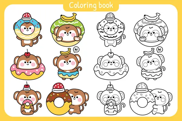 Çeşitli pozlarda ve duygularda sevimli maymun resimleri. Pastane ve tatlı. Donut, muz, çilek, kiraz. Vahşi hayvan karakteri çizimi. Resim kitabı. Kawaii.Vactor.