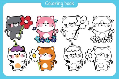 Boyama sayfaları. Çiçekli şirin kedilerin listesi. Pring.Nature. Miyav.Kitten.Evcil hayvan karakteri çizimi. Resim kitabı..