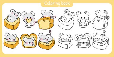 Renklendirme sayfaları. Çeşitli pozlar ve hisler veren şirin sıçan faresi. Fırın ve ekmek. Kemirgen hayvan karakteri çizimi.