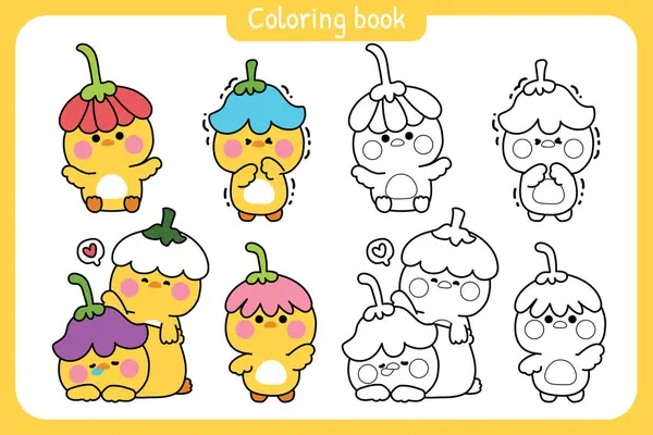 Boyama putları. Sevimli tavukların başlıkları çiçek şapkası takar ve değişik pozlar alır. Doğal.Ördek.Bird.Çiftlik. Hayvan karakteri çizimi..