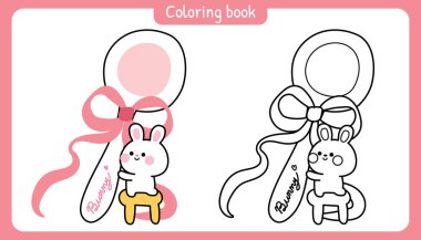 Boyama putları. Şirin tavşan sandalyenin üzerinde durup büyük kaşığı kurdele ile tutuyor. Tavşan derisi. Yiyor. Easter.Kemirgen hayvan karakteri çizimleri..