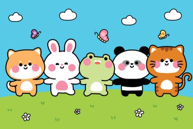 Şirin hayvanlar çiçek bahçesi bulutunun üzerinde el ele tutuşur ve gökyüzünün arka planında kelebekler vardır. Hiba inu dog, rabbit, frog, panda drawn, cat hand drawn. Kawai. İllüstrasyon.